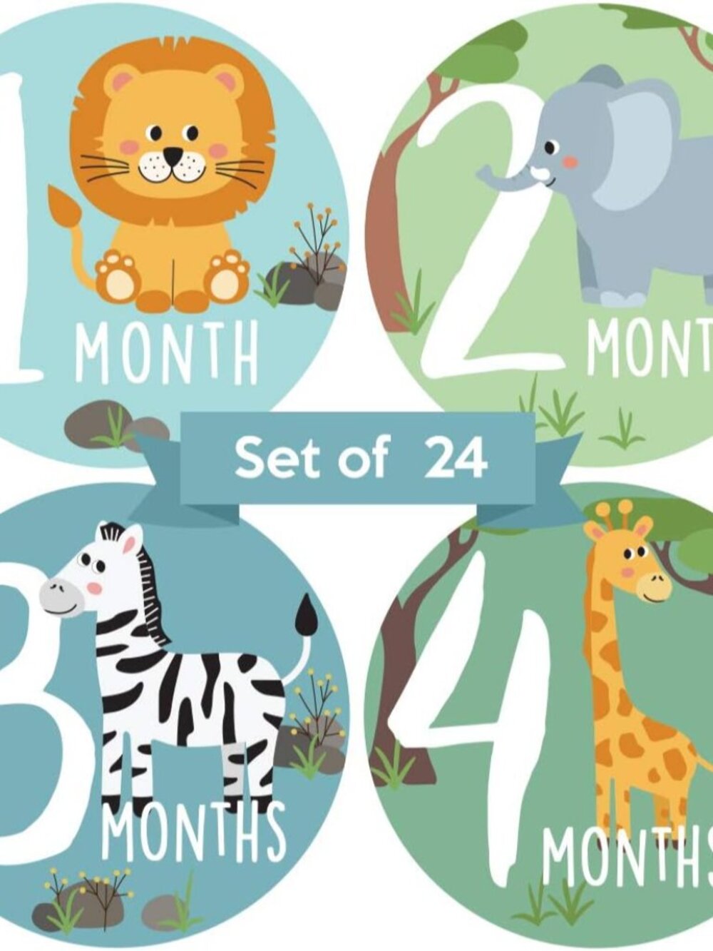 Baby Monthly Milestone Stickers - Set of 24 - Zoo Animal Designs
